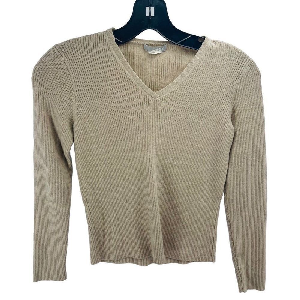 J. Crew Women's Pullover Sweater Long Sleeve Knitted Rib Top merino Wool Tan Siz
